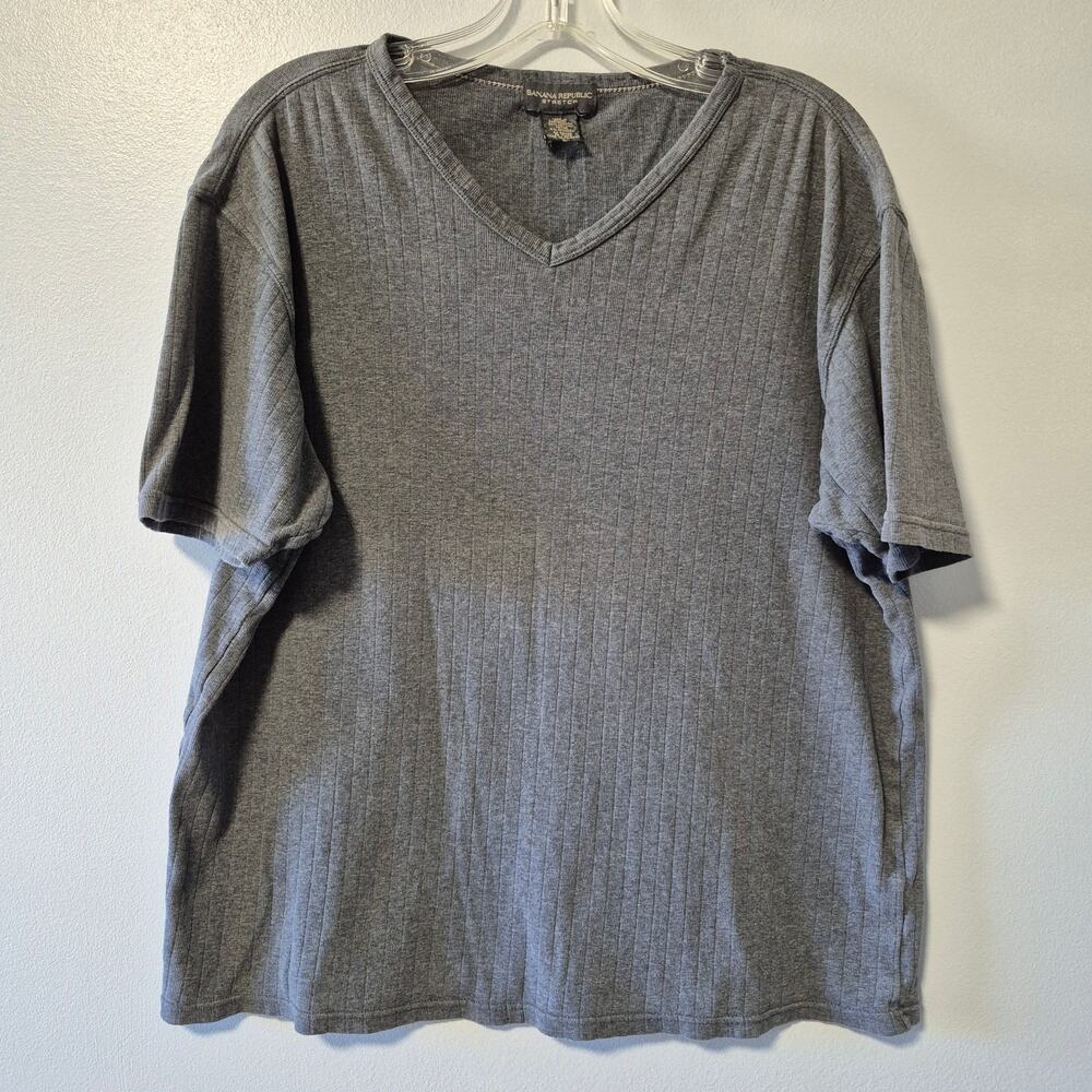 Banana Republic Stretch Mens Large V-Neck Pullover Heather Gray Ribbed T-Shirt